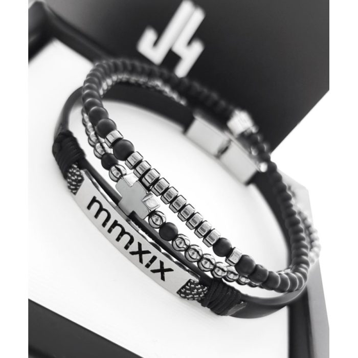 Αντρικό βραχιόλι Jewelies, J4 σχέδιο σταυρός με 3mm όνυχα ματ πέτρες και αιματίτη με στοιχείο από επιπλατινωμένο ασήμι 925°. - Image 2