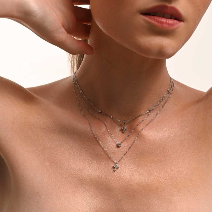 Κολιέ Jewelies, σχέδιο αλυσίδα με μονόπετρα και σταυρό από ανοξείδωτο ατσάλι. - Image 2