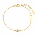 Βραχιόλι Jewelies, σχέδιο σταυρό και μάτι με ζιργκόν από κίτρινο επιχρυσωμένο ασήμι 925°.