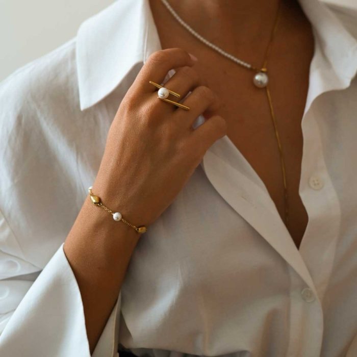 Επιχρυσωμένο δαχτυλίδι Jewelies, από ατσάλι με πέρλα. - Image 2
