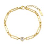 Βραχιόλι Jewelies, από επιχρυσωμένο ατσάλι με κρίκους και κεντρικό ζιργκόν με σχήμα καρδιά .