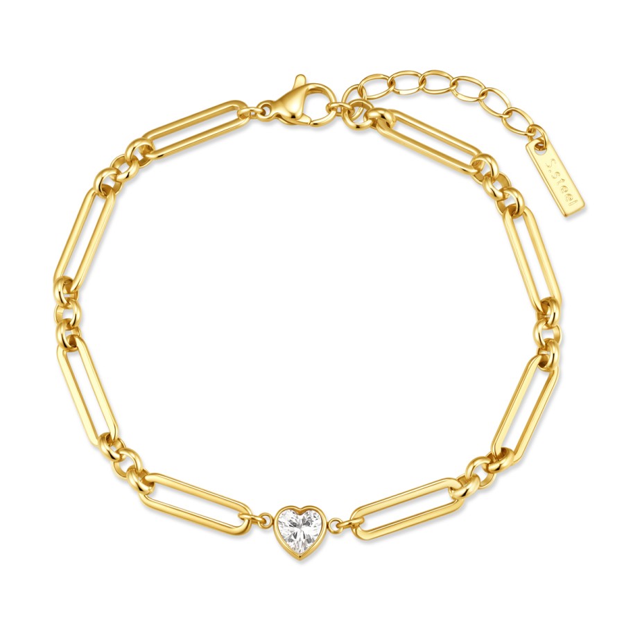 34008959-900x900 Βραχιόλι Jewelies, από επιχρυσωμένο ατσάλι με κρίκους και κεντρικό ζιργκόν με σχήμα καρδιά . - Image 1