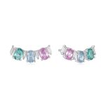 Σκουλαρίκια Jewelies, στικ τρίπετρα με πράσινα, γαλάζια και ροζ ζιργκόν από επιπλατινωμένο ασήμι 925°.
