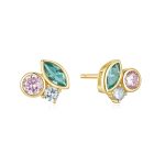 Σκουλαρίκια Jewelies, στικ τρίπετρα με πράσινο, ροζ και λευκό ζιργκόν από επιχρυσωμένο ασήμι 925°.